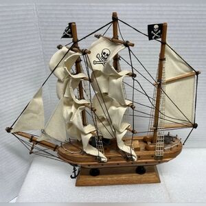 Vtg Wooden Pirate Carribean Ship Model w/Stand L 12.5" 11.5" Tall